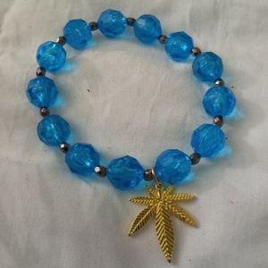 Hand Crafted Gold plated hemp leaf blue crystal bracelet